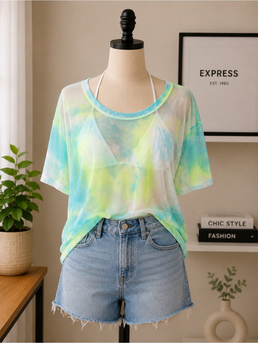 Socialite Nordstrom Sheer Tie-Dye Tee in Lime & Aqua Women’s Medium